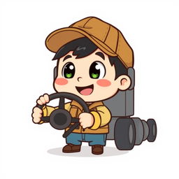 a transparent image of a cute truck driver in chibi style, featuring exaggeratedly large head and small body, bright expressive eyes, and a cheerful expression