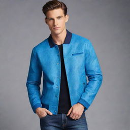 Take the previously created unique jacket design and color it in various shades of blue.