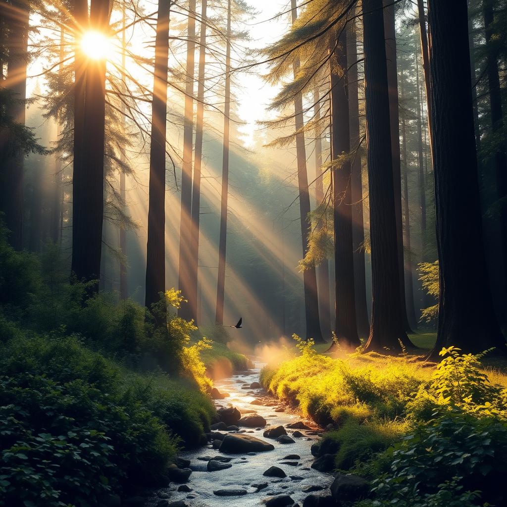 A serene forest landscape at dawn, with soft golden sunlight filtering through the tall, ancient trees