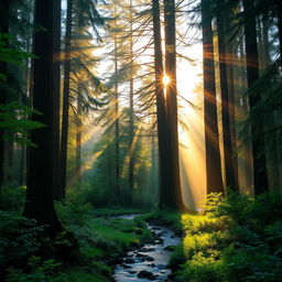 A serene forest landscape at dawn, with soft golden sunlight filtering through the tall, ancient trees