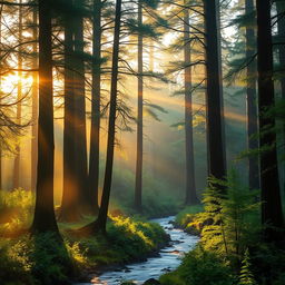 A serene forest landscape at dawn, with soft golden sunlight filtering through the tall, ancient trees