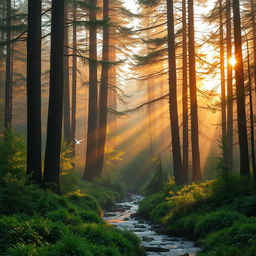 A serene forest landscape at dawn, with soft golden sunlight filtering through the tall, ancient trees