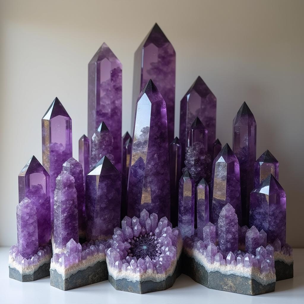 A stunning array of 15 large Amethyst crystals, each sculpted into majestic towers and grand pillars