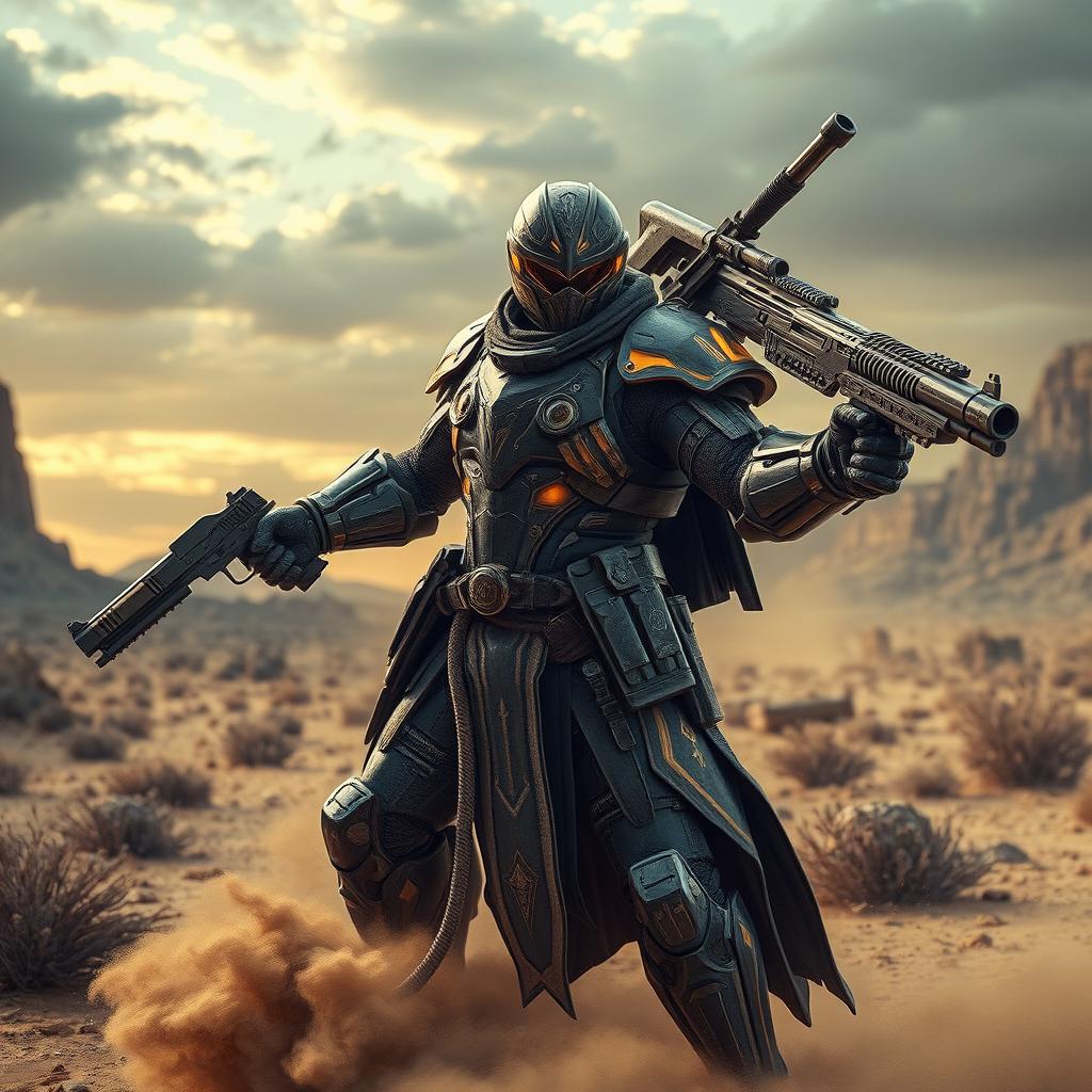 A gunslinger with an imposing presence, clad in futuristic armor