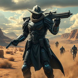 A gunslinger with an imposing presence, clad in futuristic armor