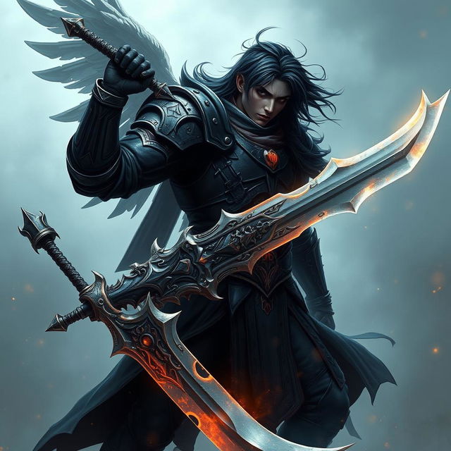 A powerful fantasy soldier with dark hair and dark skin wielding a mystical, ornate sword