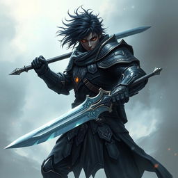 A powerful fantasy soldier with dark hair and dark skin wielding a mystical, ornate sword