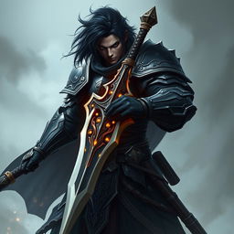 A powerful fantasy soldier with dark hair and dark skin wielding a mystical, ornate sword