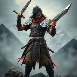 A powerful fantasy soldier with dark hair and dark skin, wielding two ornate Andean swords