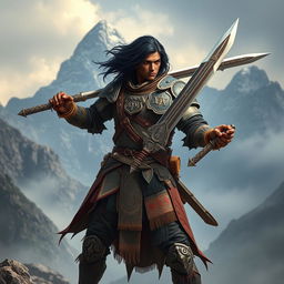 A powerful fantasy soldier with dark hair and dark skin, wielding two ornate Andean swords