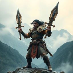 A powerful fantasy soldier with dark hair and dark skin, wielding two ornate Andean swords