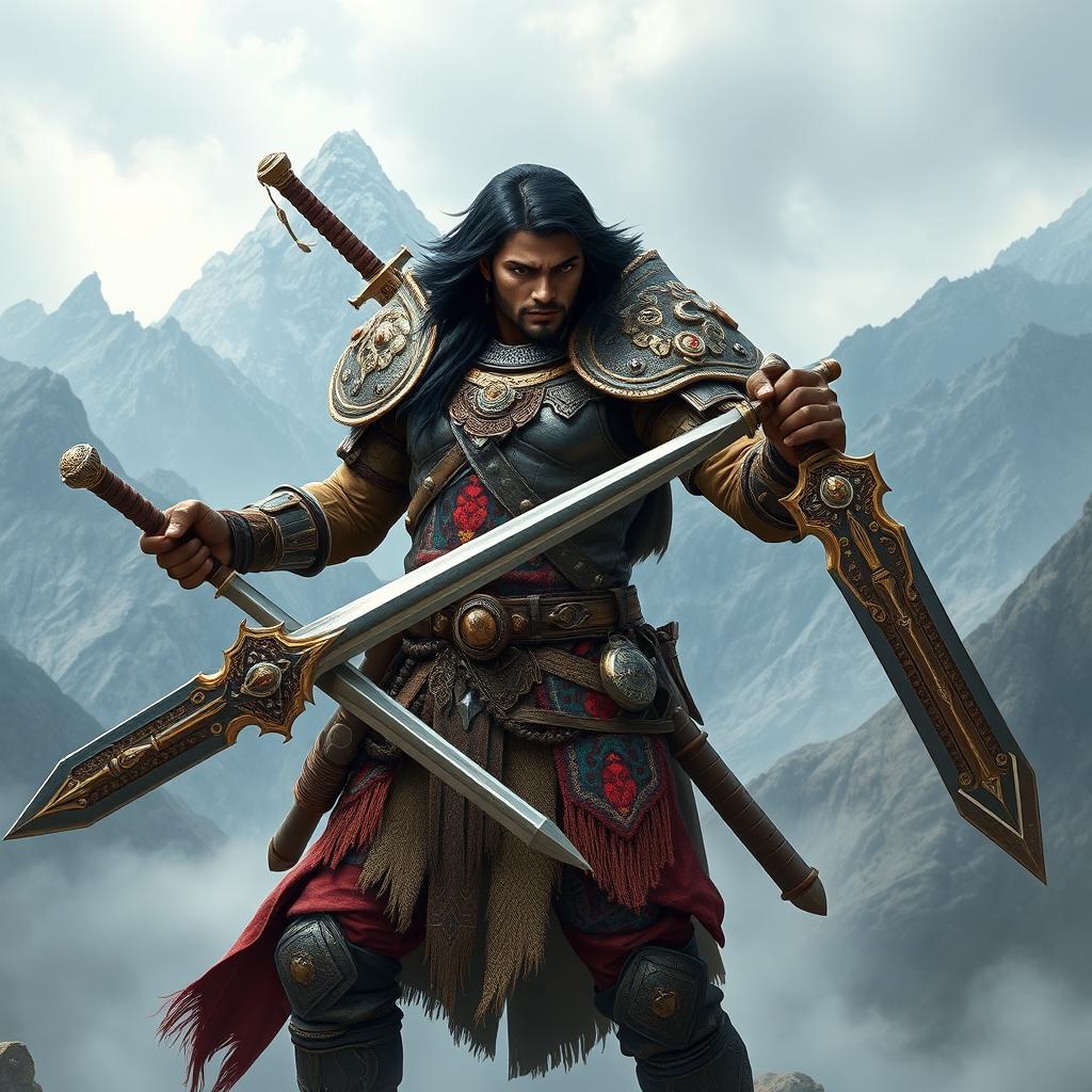 A powerful fantasy soldier with dark hair and dark skin, wielding two ornate Andean swords