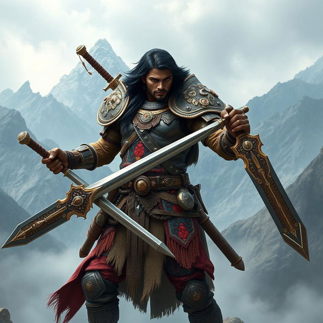 A powerful fantasy soldier with dark hair and dark skin, wielding two ornate Andean swords