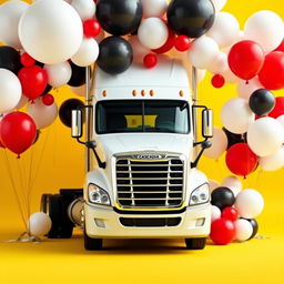 a Cascadia Freightliner surrounded by an array of large and small balloons in white, black, and red colors, set against a vibrant yellow background