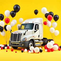 a Cascadia Freightliner surrounded by an array of large and small balloons in white, black, and red colors, set against a vibrant yellow background