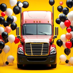 a Cascadia Freightliner surrounded by an array of large and small balloons in white, black, and red colors, set against a vibrant yellow background