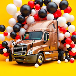 a Cascadia Freightliner surrounded by an array of large and small balloons in white, black, and red colors, set against a vibrant yellow background