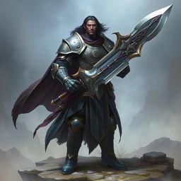 A powerful fantasy soldier with dark hair and dark skin, wielding a massive two-handed sword