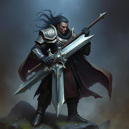 A powerful fantasy soldier with dark hair and dark skin, wielding a massive two-handed sword