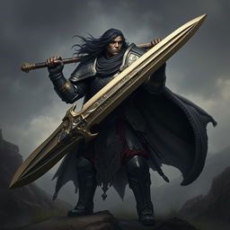 A powerful fantasy soldier with dark hair and dark skin, wielding a massive two-handed sword