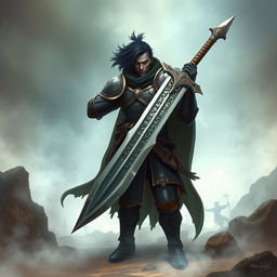 A powerful fantasy soldier with dark hair and dark skin, wielding a massive two-handed sword