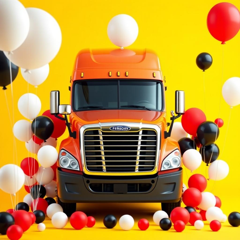 a Cascadia Freightliner in #ffbd59 color surrounded by an array of large and small balloons in white, black, and red colors, set against a vibrant yellow background