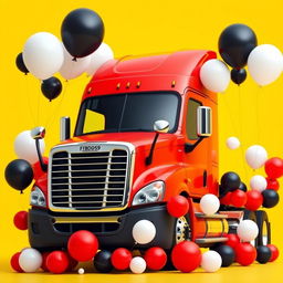 a Cascadia Freightliner in #ffbd59 color surrounded by an array of large and small balloons in white, black, and red colors, set against a vibrant yellow background