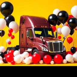 a Cascadia Freightliner in #ffbd59 color surrounded by an array of large and small balloons in white, black, and red colors, set against a vibrant yellow background