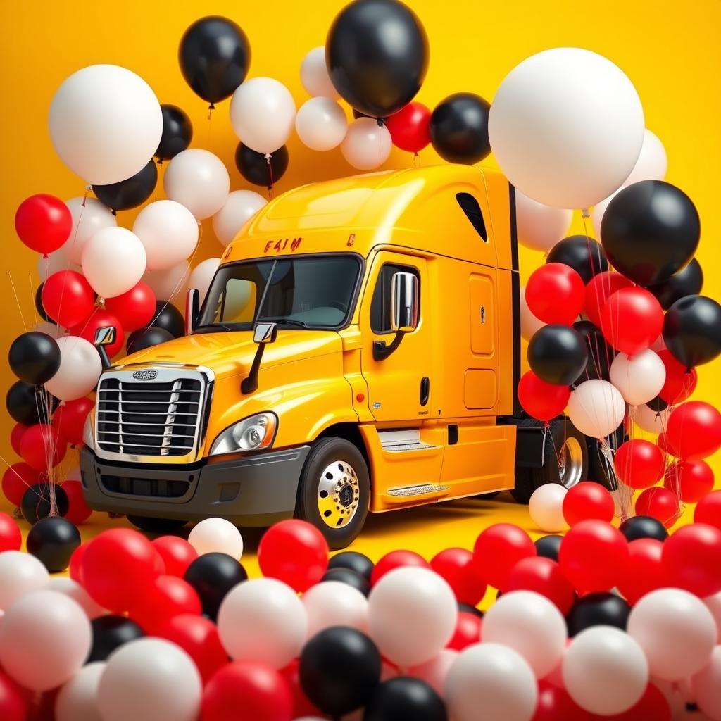 a Cascadia Freightliner in #ffbd59 color surrounded by an array of large and small balloons in white, black, and red colors, set against a vibrant yellow background