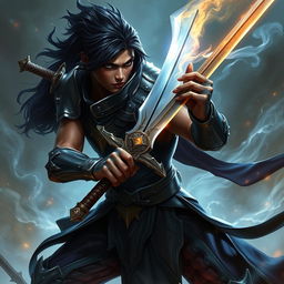 A fierce fantasy fighter with dark hair and dark skin, skillfully wielding a gleaming sword