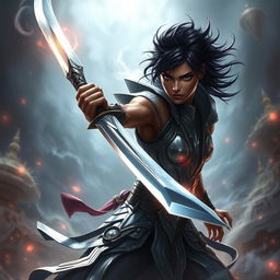 A fierce fantasy fighter with dark hair and dark skin, skillfully wielding a gleaming sword