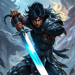 A fierce fantasy fighter with dark hair and dark skin, skillfully wielding a gleaming sword