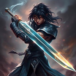 A fierce fantasy fighter with dark hair and dark skin, skillfully wielding a gleaming sword