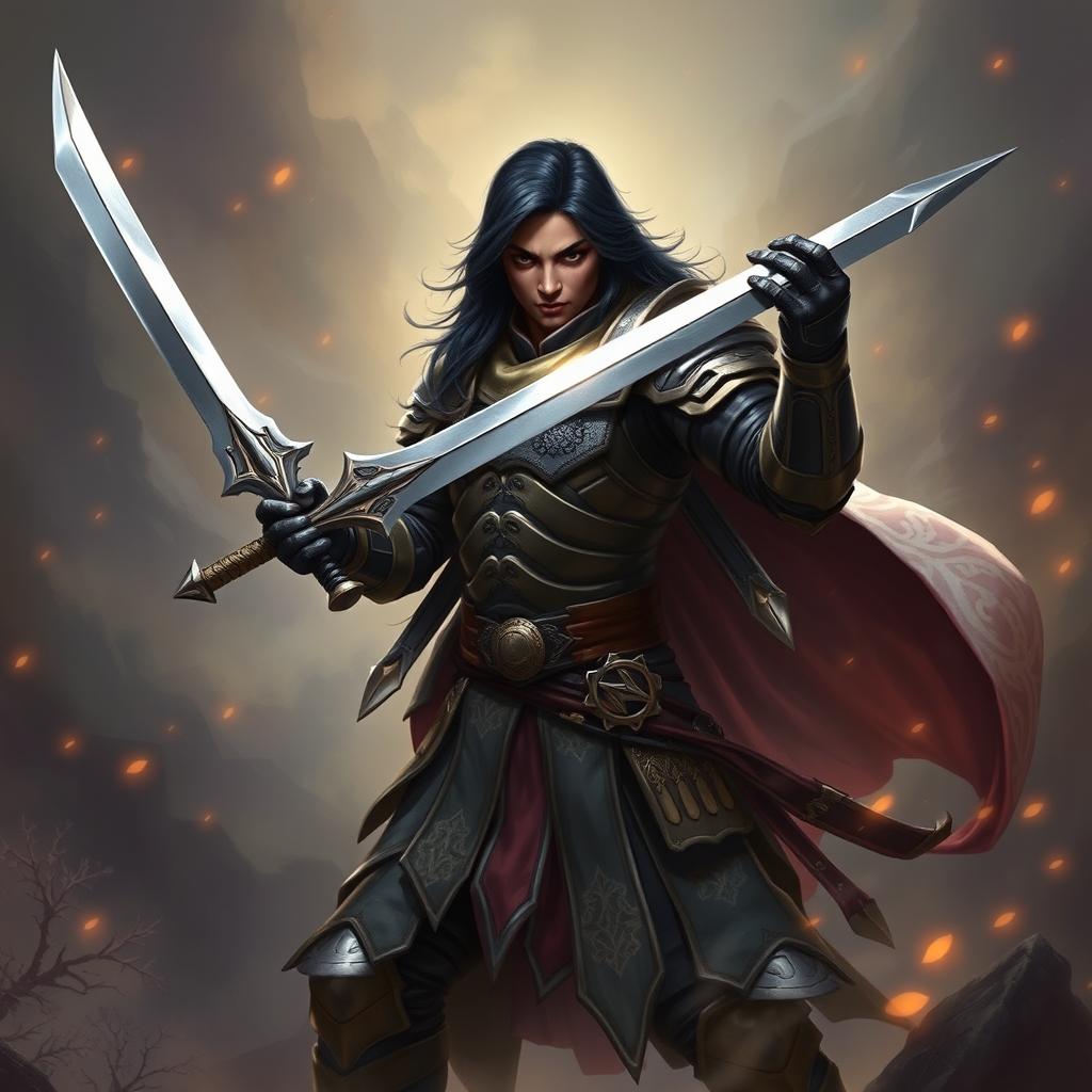 A formidable fantasy fighter with dark hair and dark skin, brandishing a sleek and sharp sword