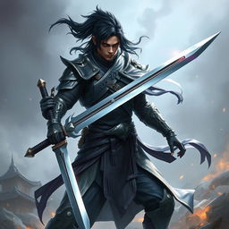 A formidable fantasy fighter with dark hair and dark skin, brandishing a sleek and sharp sword