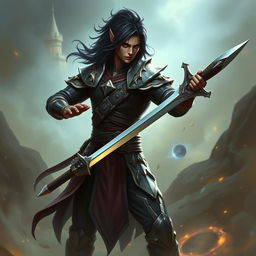 A formidable fantasy fighter with dark hair and dark skin, brandishing a sleek and sharp sword