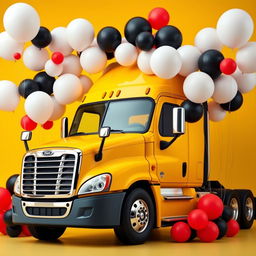 a yellow Cascadia Freightliner surrounded by an array of large and small balloons in white, black, and red colors, set against a vibrant yellow background