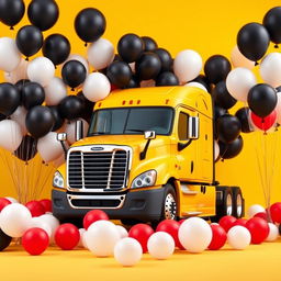 a yellow Cascadia Freightliner surrounded by an array of large and small balloons in white, black, and red colors, set against a vibrant yellow background