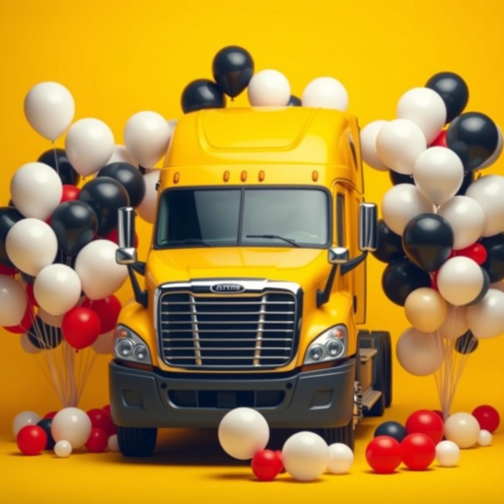 a yellow Cascadia Freightliner surrounded by an array of large and small balloons in white, black, and red colors, set against a vibrant yellow background