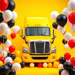 a yellow Cascadia Freightliner surrounded by an array of large and small balloons in white, black, and red colors, set against a vibrant yellow background