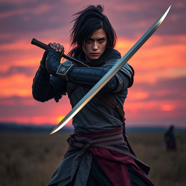 A skilled human sword fighter with dark hair and skin, displaying a confident and poised stance