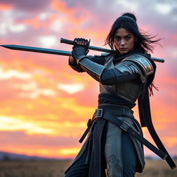 A skilled human sword fighter with dark hair and skin, displaying a confident and poised stance