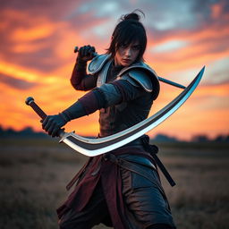 A skilled human sword fighter with dark hair and skin, displaying a confident and poised stance