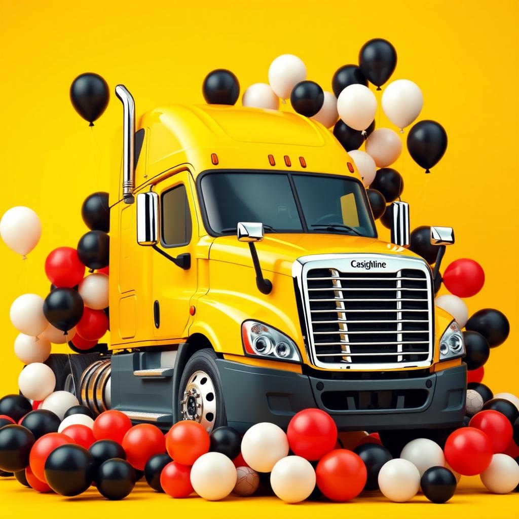 a yellow Cascadia Freightliner surrounded by an array of large and small balloons in white, black, and red colors, set against a vibrant yellow background