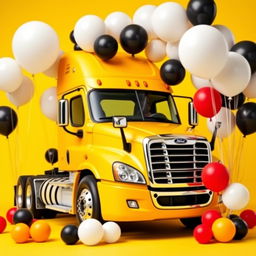 a yellow Cascadia Freightliner surrounded by an array of large and small balloons in white, black, and red colors, set against a vibrant yellow background