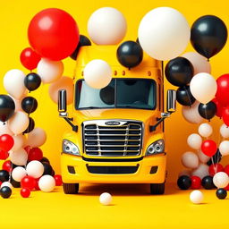 a yellow Cascadia Freightliner surrounded by an array of large and small balloons in white, black, and red colors, set against a vibrant yellow background