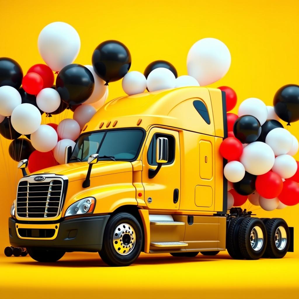 a yellow Cascadia Freightliner surrounded by an array of large and small balloons in white, black, and red colors, set against a vibrant yellow background