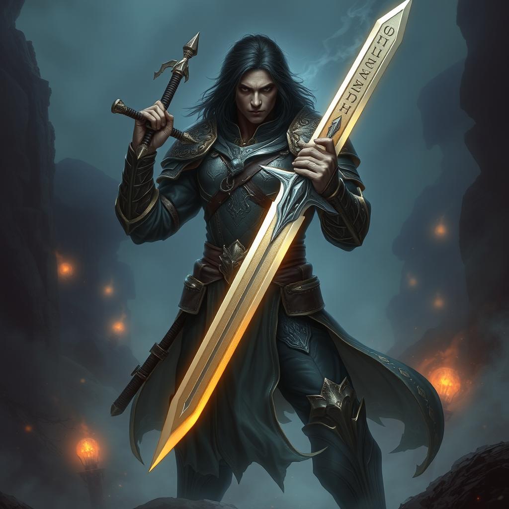 A human fantasy sword fighter with dark hair and dark skin, standing confidently amidst a mystical landscape