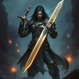 A human fantasy sword fighter with dark hair and dark skin, standing confidently amidst a mystical landscape