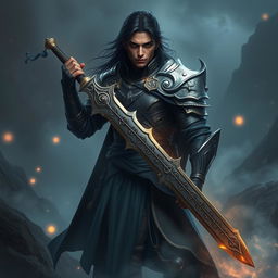 A human fantasy sword fighter with dark hair and dark skin, standing confidently amidst a mystical landscape